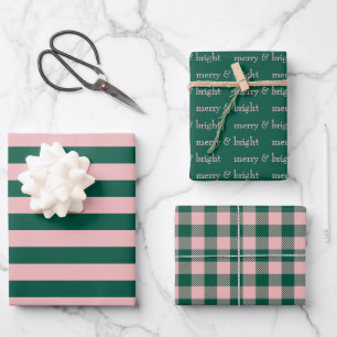 Modern Merry & Bright Kerstfeestdag Groen Roze Inpakpapier Vel