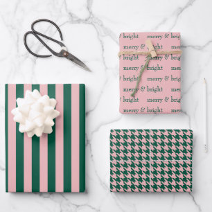 Modern Merry & Bright Kerstfeestdag Groen Roze Inpakpapier Vel