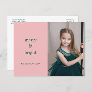 Modern Merry & Bright Kerstgroen & Roze Feestdagenkaart