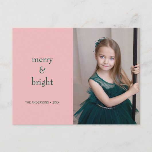 Modern Merry & Bright Kerstgroen & Roze Feestdagenkaart (Voorkant)