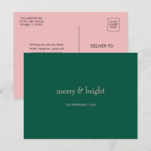Modern Merry & Bright Kerstgroen & Roze Feestdagenkaart
