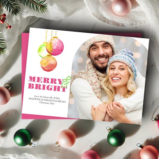 Modern Merry & Bright Photo Roze Kerst Kaarten