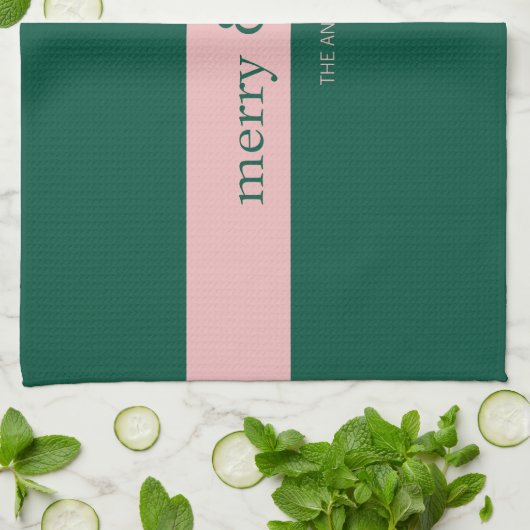 Modern Merry & Bright Stripe Vakantie Groen & Roze Theedoek (Gevouwen)