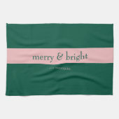 Modern Merry & Bright Stripe Vakantie Groen & Roze Theedoek (Horizontaal)