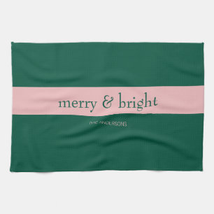 Modern Merry & Bright Stripe Vakantie Groen & Roze Theedoek