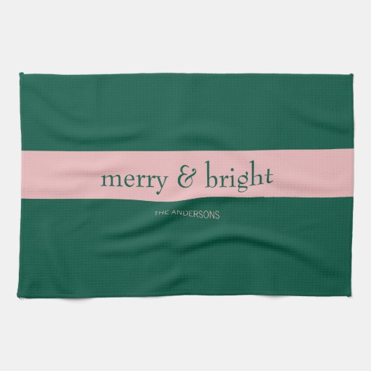Modern Merry & Bright Stripe Vakantie Groen & Roze Theedoek (Horizontaal)