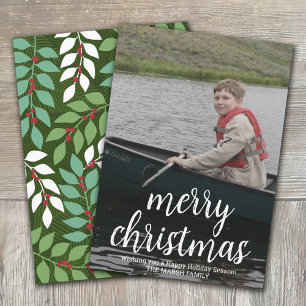 Modern Merry Calligraphy Vertical Botanical Photo Feestdagenkaart