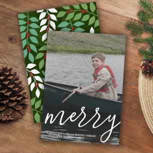 Modern Merry Calligraphy Vertical Botanical Photo Feestdagenkaart