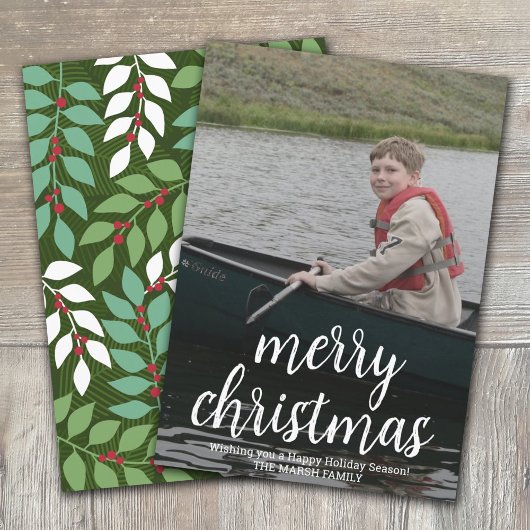 Modern Merry Calligraphy Vertical Botanical Photo Feestdagenkaart