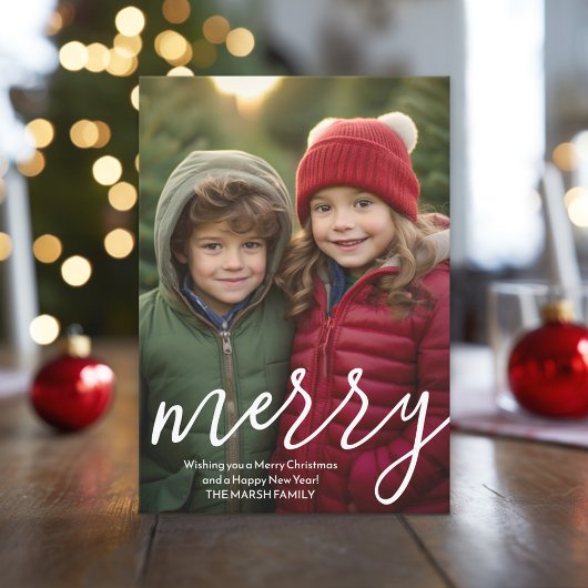 Modern Merry Calligraphy Vertical Botanical Photo Feestdagenkaart