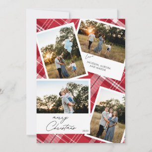Modern Merry Christmas 4 foto Rood Plaid Feestdagenkaart