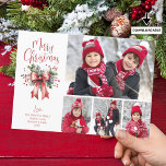 Modern Merry Christmas 4 foto's Script Holly Bow Feestdagenkaart<br><div class="desc">Stuur MERRY CHRISTMAS groeten dit vakantieseizoen met een foto-wenskaart met 4 afbeeldingen en een moderne, chique kalligrafie script typografie voor de groet geaccentueerd met een waterverf rode boog en hulst. ASSISTENTIE: Voor hulp bij het aanpassen of personaliseren van het ontwerp, het vergroten of verkleinen van het formaat, het overbrengen van...</div>