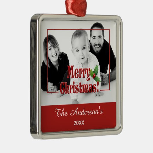Modern Merry Christmas and Holly Custom Photo Red Metalen Ornament (Rechts)
