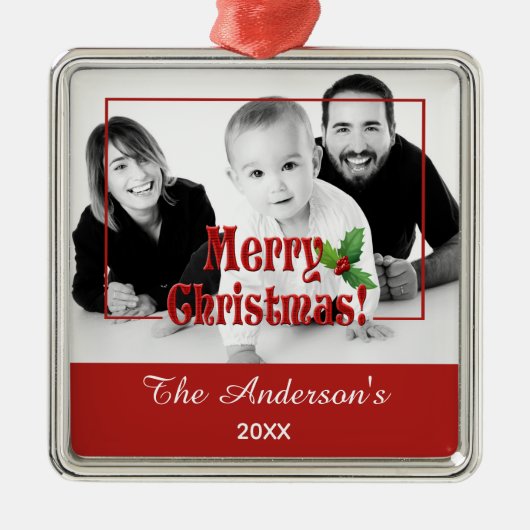 Modern Merry Christmas and Holly Custom Photo Red Metalen Ornament (Voorkant)