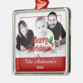 Modern Merry Christmas and Holly Custom Photo Red Metalen Ornament (Links)