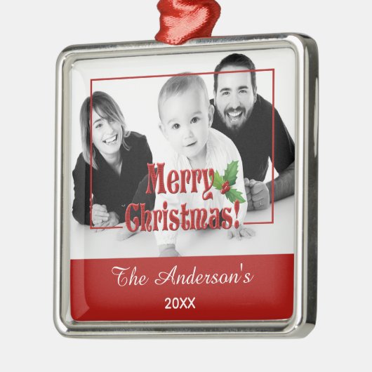 Modern Merry Christmas and Holly Custom Photo Red Metalen Ornament (Links)