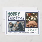 Modern Merry Christmas Argyle Blauw Groen 3 Foto Feestdagenkaart (Voorkant)