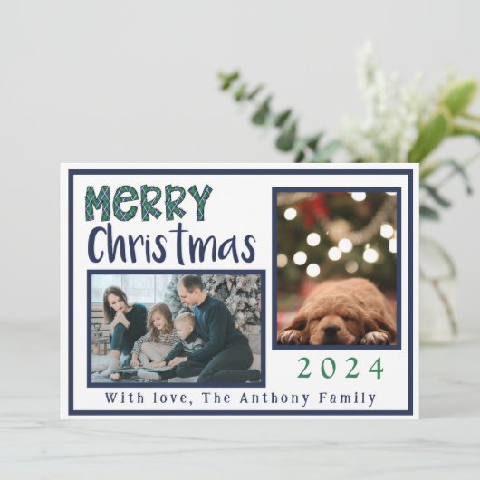 Modern Merry Christmas Argyle Blauw Groen 3 Foto Feestdagenkaart (Staand voorkant)