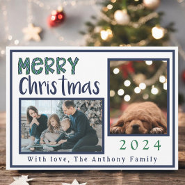 Modern Merry Christmas Argyle Blauw Groen 3 Foto Feestdagenkaart