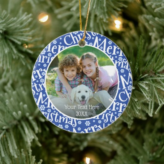 Modern MERRY CHRISTMAS Blue Snowflake Photo Keramisch Ornament (Boom)