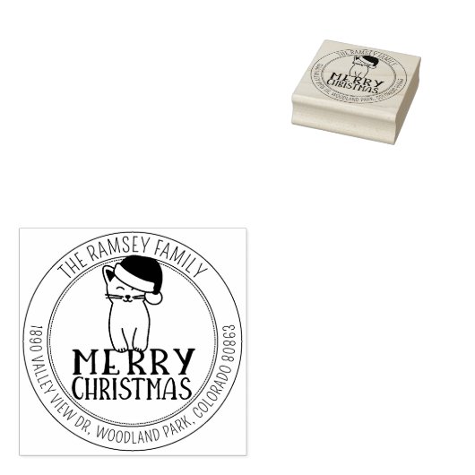 Modern Merry Christmas Cat retouradres Rubberstempel (Gestempeld)