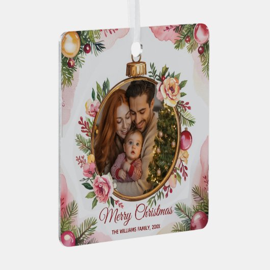 Modern Merry Christmas Familie Foto Bloemen Lijst Metalen Ornament (Voorkant Rechts)