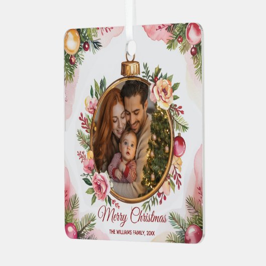 Modern Merry Christmas Familie Foto Bloemen Lijst Metalen Ornament (Voorkant links)