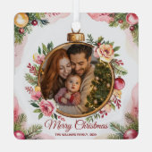 Modern Merry Christmas Familie Foto Bloemen Lijst Metalen Ornament (Achterkant)