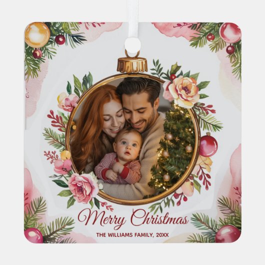 Modern Merry Christmas Familie Foto Bloemen Lijst Metalen Ornament (Achterkant)
