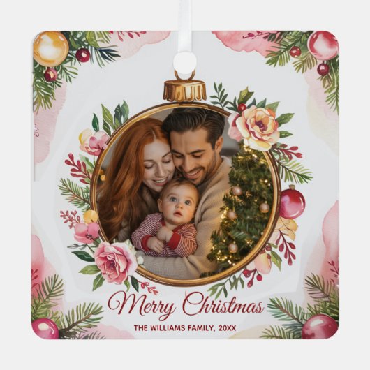 Modern Merry Christmas Familie Foto Bloemen Lijst Metalen Ornament (Voorkant)