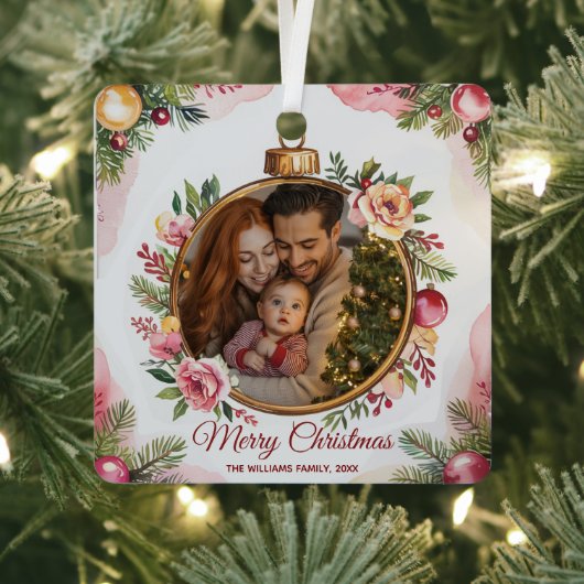 Modern Merry Christmas Familie Foto Bloemen Lijst Metalen Ornament (Insitu)
