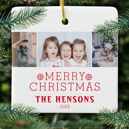 Modern Merry Christmas Family 3 Photo Collage Keramisch Ornament