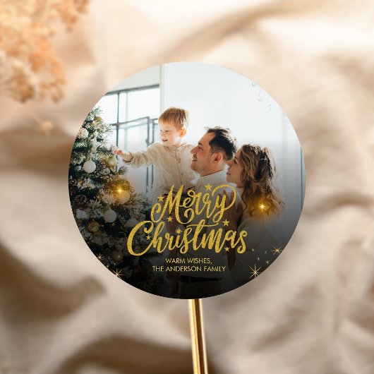 Modern Merry Christmas Family Photo Ronde Sticker