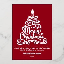 Modern Merry Christmas Family Tree Zilver Folie Feestdagenkaart