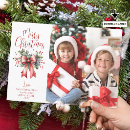 Modern Merry Christmas Fotoscript Holly Bow Feestdagenkaart