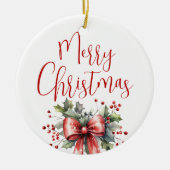 Modern Merry Christmas Fotoscript Holly Bow Keramisch Ornament (Voorkant)