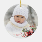 Modern Merry Christmas Fotoscript Holly Bow Keramisch Ornament (Achterkant)