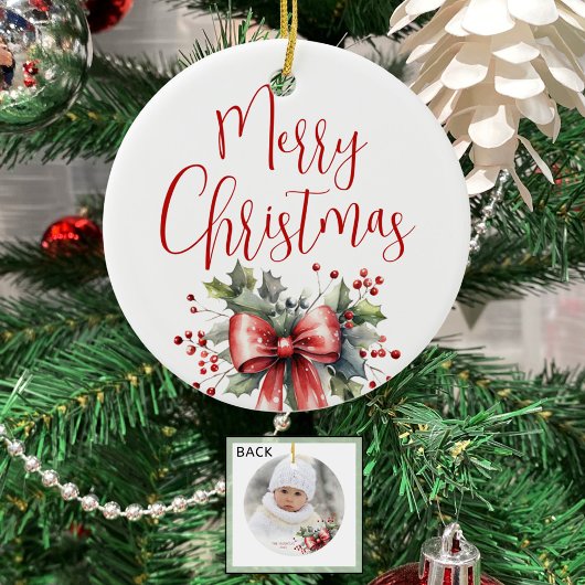 Modern Merry Christmas Fotoscript Holly Bow Keramisch Ornament