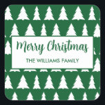 Modern Merry Christmas Green White Tree Patroon Vierkante Sticker<br><div class="desc">Feestelijke vakantie stickers hebben een wit geometrisch boompatroon op een groene achtergrond. In een witte rechthoek in het midden staat "Vrolijk kerstfeest" in een groen lettertype boven jouw naam in een eenvoudig groen lettertype. Personaliseer het door een aangepaste begroeting, familienaam en / of het jaar in de zijbalk toe te...</div>