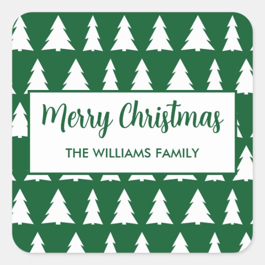 Modern Merry Christmas Green White Tree Patroon Vierkante Sticker (Voorkant)