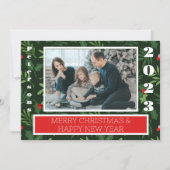 Modern Merry Christmas Greenery Holly 2 foto Feestdagenkaart (Voorkant)