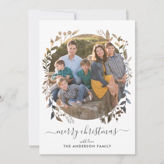 Modern Merry Christmas Love Script Wreath 2 Foto Feestdagenkaart (Voorkant)