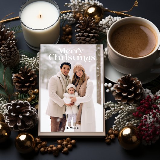 Modern Merry Christmas Minimal 1 foto Beige Feestdagenkaart