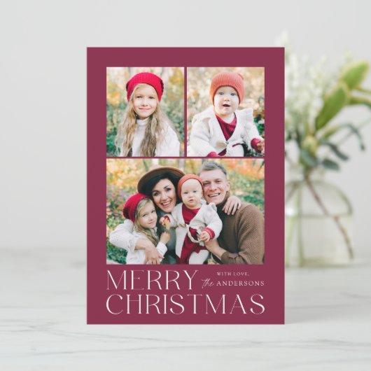 Modern Merry Christmas Paarse 7 Fotocollage Feestdagenkaart (Staand voorkant)