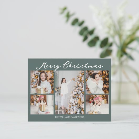 Modern Merry Christmas Photo Collage Grey Green Feestdagenkaart (Staand voorkant)