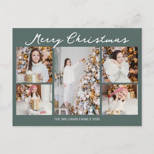 Modern Merry Christmas Photo Collage Grey Green Feestdagenkaart (Voorkant)