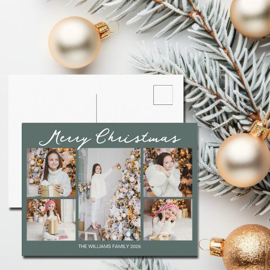 Modern Merry Christmas Photo Collage Grey Green Feestdagenkaart