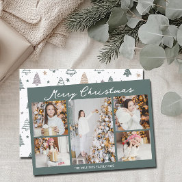 Modern Merry Christmas Photo Collage Grey Green Feestdagenkaart