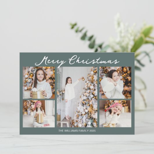 Modern Merry Christmas Photo Collage Grey Green Feestdagenkaart (Staand voorkant)