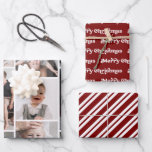 Modern Merry Christmas Photo Collage Snoep Stripes Inpakpapier Vel<br><div class="desc">Laat uw kerstcadeaus opvallen met deze stijlvolle set kerstinpakpapier. Met een combinatie van design bevat de set een gedurfde rode en witte "Merry Christmas" -print in een trendy retro-lettertype, een feestelijk op snoepriet geïnspireerd rood-wit streeppatroon en een aangepaste fotocollage waarmee je 15 van je gekoesterde familiemomenten kunt laten zien. Perfect...</div>